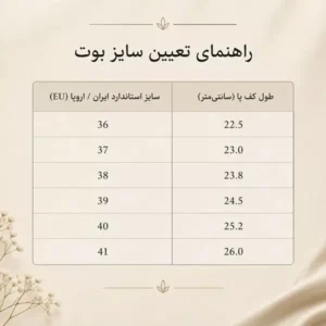 جدول راهنمای تعیین سایز بوت در خرید اینترنتی (فروشگاه ملیشن)